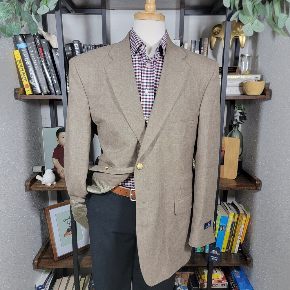Stafford‎ Men's Sport Coat Blazer Two Button HOPSACK Brown Poly Wool 46L NEW